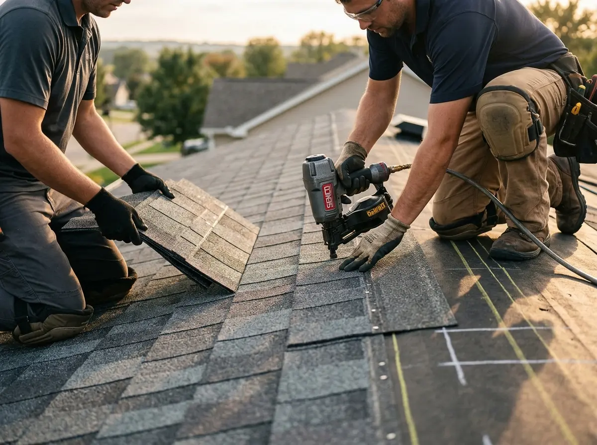 Professional roofer working on a residential roof in Brook Highland
